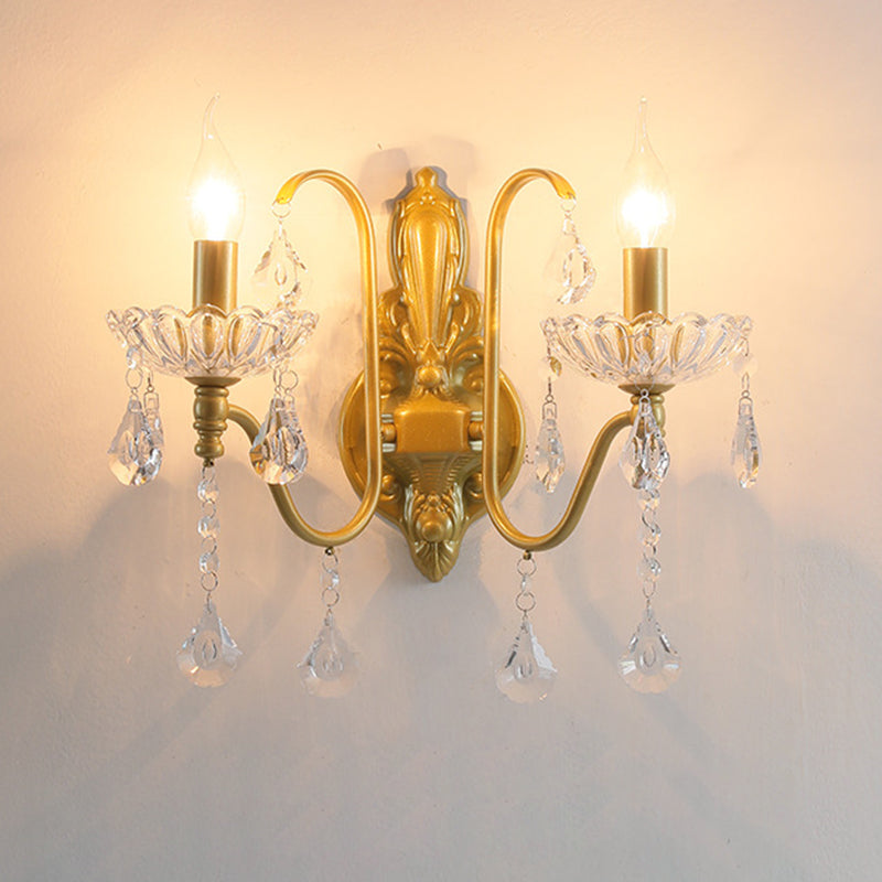 Traditional Vintage Pendant Candle Bent Crystal Iron 2-Light Wall Sconce Lamp For Bedroom