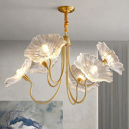 Contemporary Creative Floral Curved Round Glass Iron 3/6 Light Chandelier For Living Room