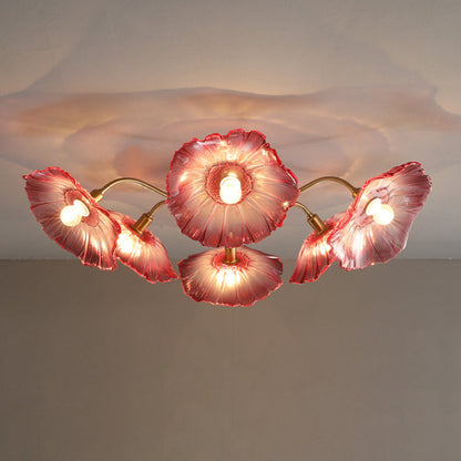 Contemporary Scandinavian Branch Flower Round Glass Iron 5/6 Light Semi-Flush Mount Ceiling Light For Living Room