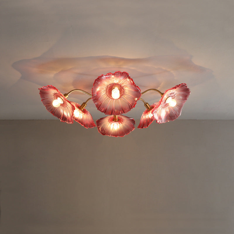 Contemporary Scandinavian Branch Flower Round Glass Iron 5/6 Light Semi-Flush Mount Ceiling Light For Living Room