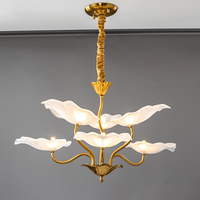 Contemporary Creative Lotus Leaf Branch Round Glass Iron 6/9 Light Chandelier For Living Room
