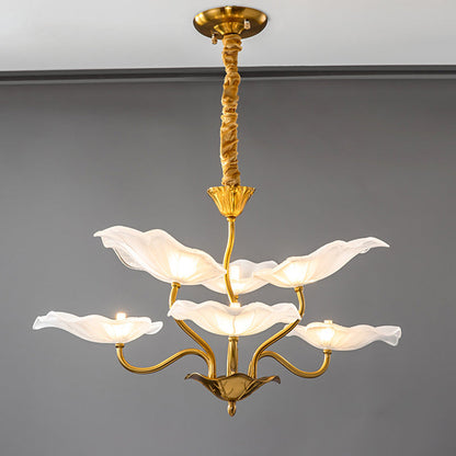 Contemporary Creative Lotus Leaf Branch Round Glass Iron 6/9 Light Chandelier For Living Room