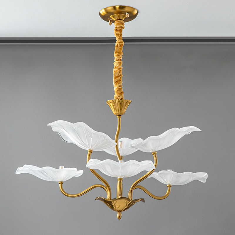 Contemporary Creative Lotus Leaf Branch Round Glass Iron 6/9 Light Chandelier For Living Room