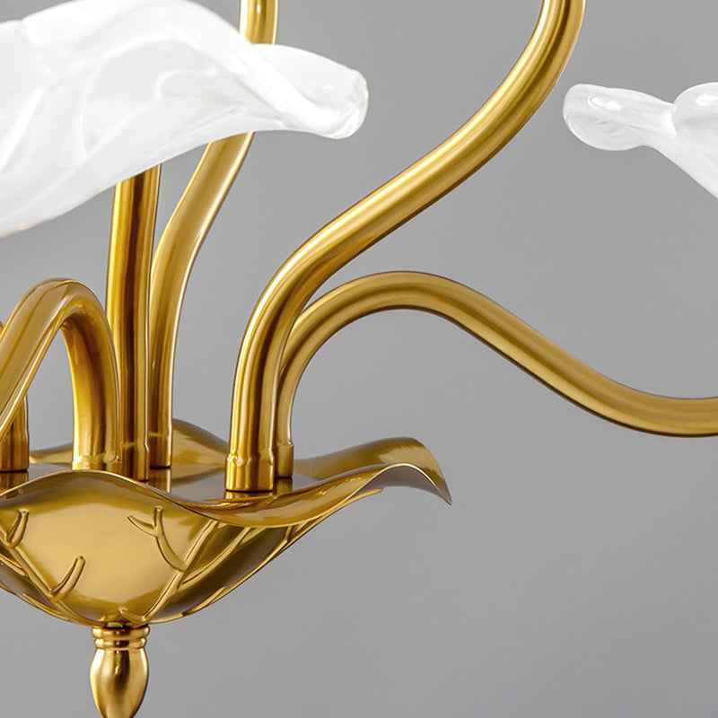 Contemporary Creative Lotus Leaf Branch Round Glass Iron 6/9 Light Chandelier For Living Room