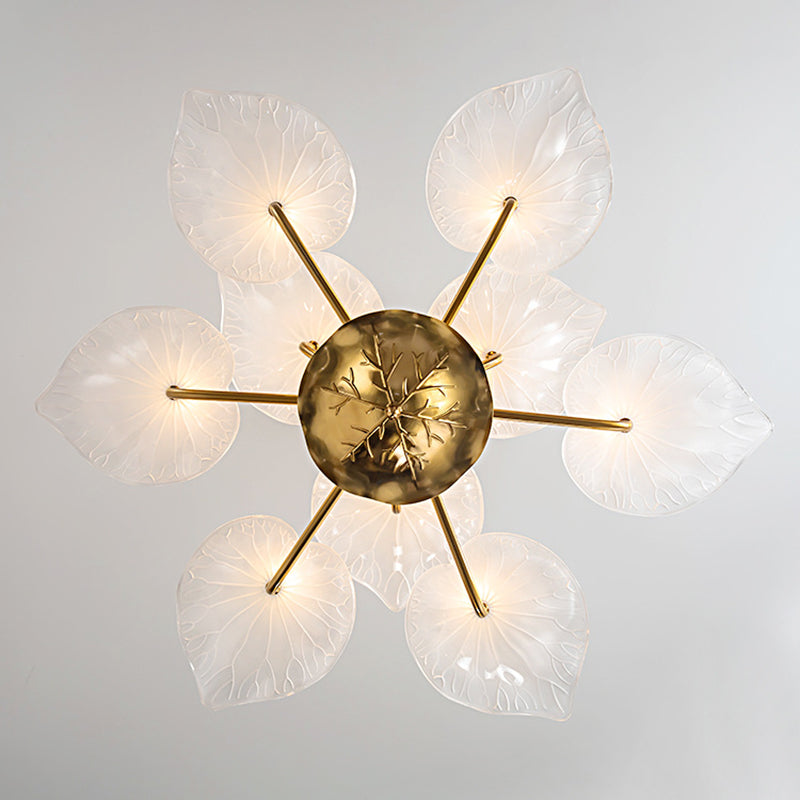 Contemporary Creative Lotus Leaf Branch Round Glass Iron 6/9 Light Chandelier For Living Room