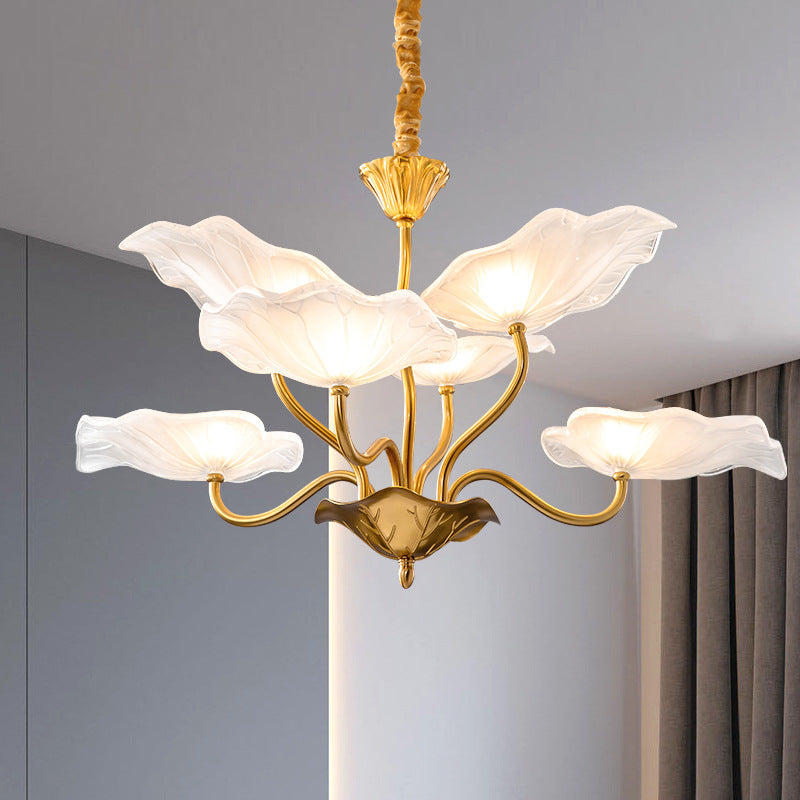 Contemporary Creative Lotus Leaf Branch Round Glass Iron 6/9 Light Chandelier For Living Room