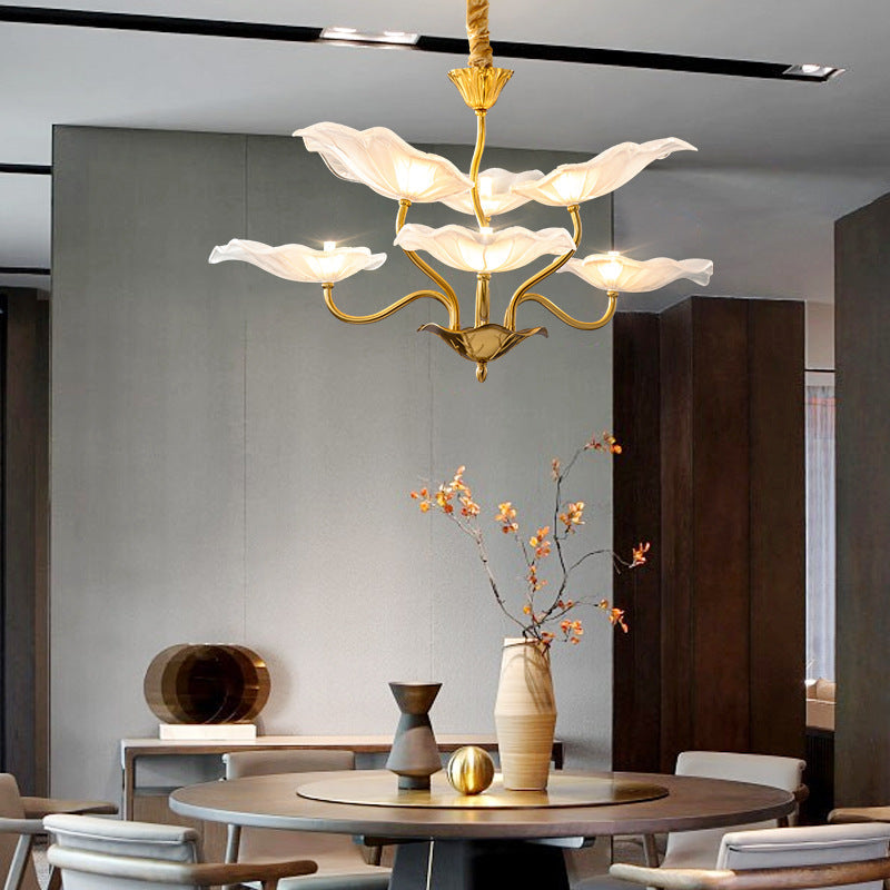 Contemporary Creative Lotus Leaf Branch Round Glass Iron 6/9 Light Chandelier For Living Room