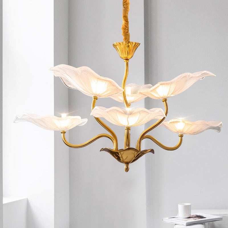 Contemporary Creative Lotus Leaf Branch Round Glass Iron 6/9 Light Chandelier For Living Room