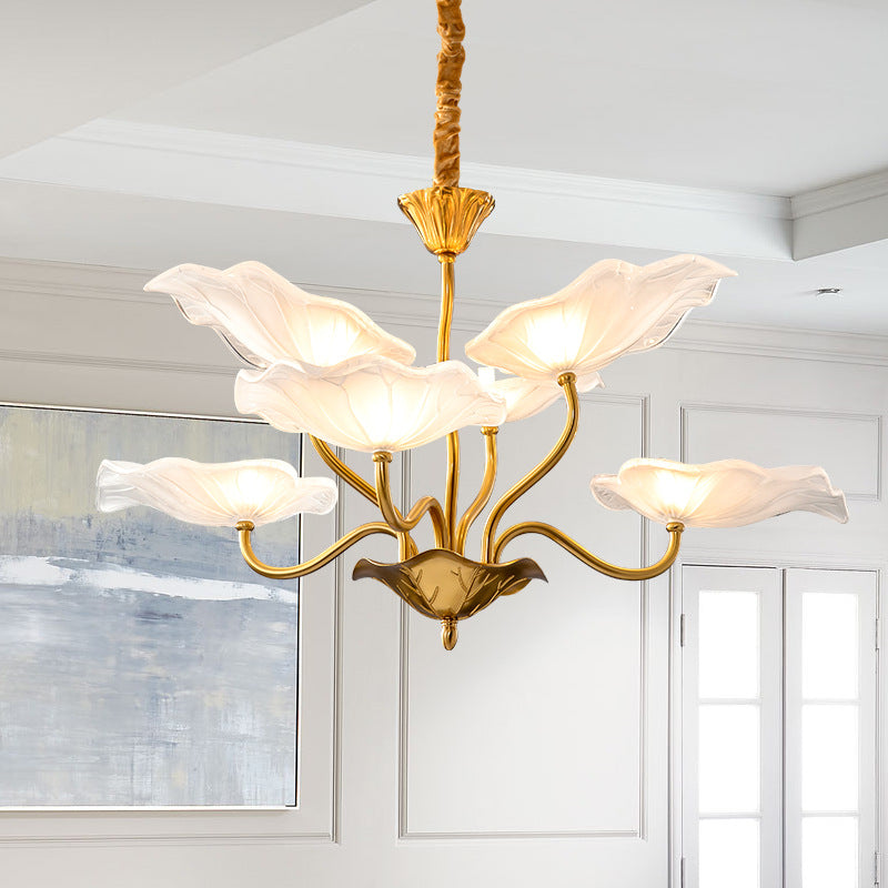 Contemporary Creative Lotus Leaf Branch Round Glass Iron 6/9 Light Chandelier For Living Room