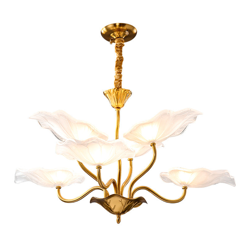 Contemporary Creative Lotus Leaf Branch Round Glass Iron 6/9 Light Chandelier For Living Room