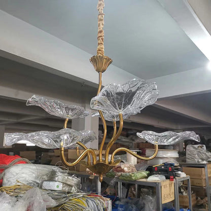 Contemporary Creative Lotus Leaf Branch Round Glass Iron 6/9 Light Chandelier For Living Room