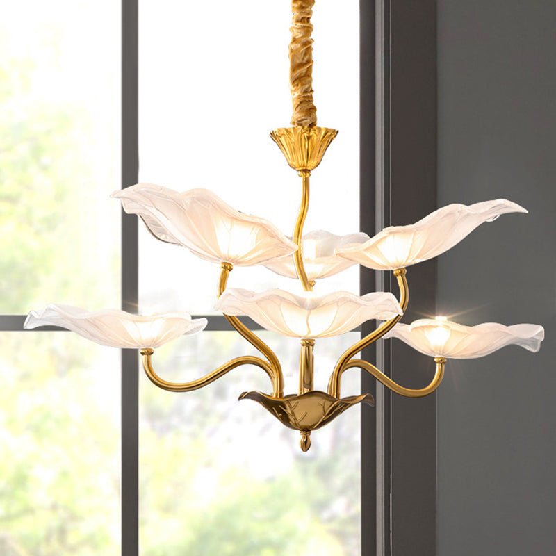 Contemporary Creative Lotus Leaf Branch Round Glass Iron 6/9 Light Chandelier For Living Room