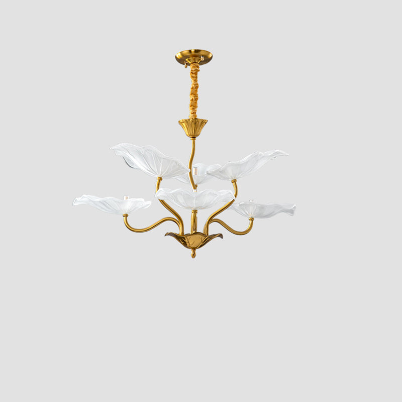 Contemporary Creative Lotus Leaf Branch Round Glass Iron 6/9 Light Chandelier For Living Room
