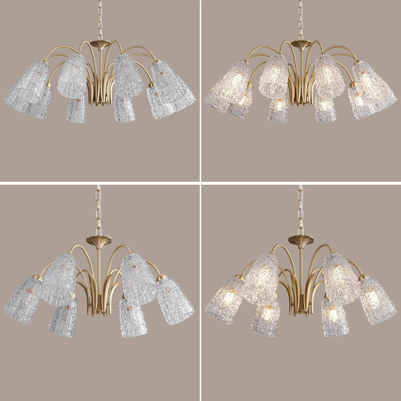 Traditional French Branch Bend Flared Diamond Glass Brass 3/5/6/8/10 Light Chandelier For Living Room