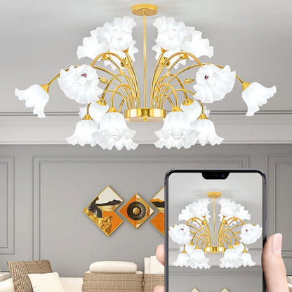 Contemporary Scandinavian Branch Round Flower Pod Glass Iron 9/12/15/18 Light Chandelier For Living Room