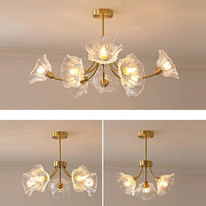 Traditional French Branch Flower Curved Glass Brass 3/5/8 Light Chandelier For Living Room
