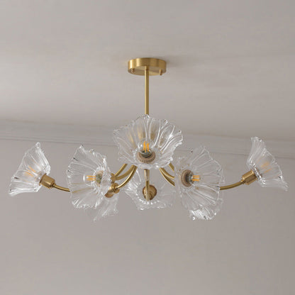 Traditional French Branch Flower Curved Glass Brass 3/5/8 Light Chandelier For Living Room