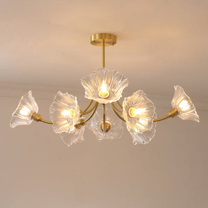 Traditional French Branch Flower Curved Glass Brass 3/5/8 Light Chandelier For Living Room