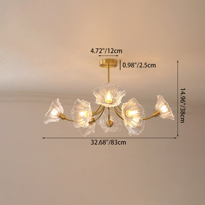Traditional French Branch Flower Curved Glass Brass 3/5/8 Light Chandelier For Living Room