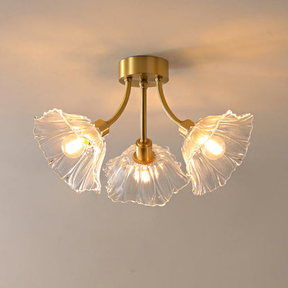Traditional Vintage Round Branch Floral Glass Brass 3/5/8 Light Semi-Flush Mount Ceiling Light For Living Room