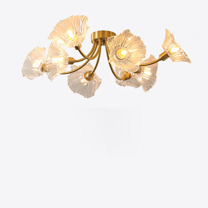 Traditional Vintage Round Branch Floral Glass Brass 3/5/8 Light Semi-Flush Mount Ceiling Light For Living Room