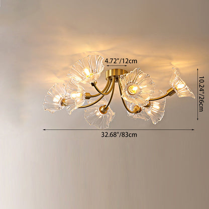 Traditional Vintage Round Branch Floral Glass Brass 3/5/8 Light Semi-Flush Mount Ceiling Light For Living Room