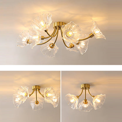 Traditional Vintage Round Branch Floral Glass Brass 3/5/8 Light Semi-Flush Mount Ceiling Light For Living Room