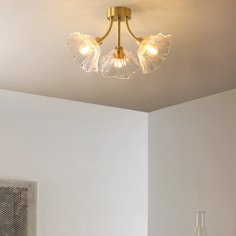 Traditional Vintage Round Branch Floral Glass Brass 3/5/8 Light Semi-Flush Mount Ceiling Light For Living Room