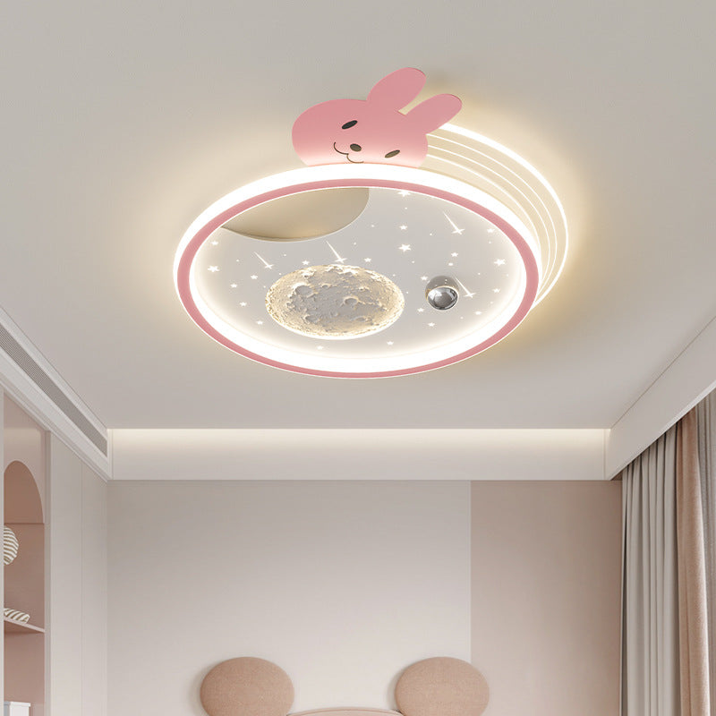 Modern Art Deco Kids Panda Planet Round Acrylic Resin Iron LED Flush Mount Ceiling Light For Living Room