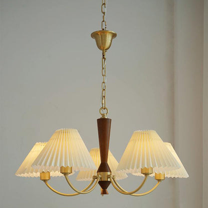Traditional Japanese Scalloped Pleated Branching Cylinder PVC Walnut Brass 3/5 Light Chandelier For Living Room