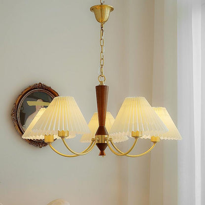 Traditional Japanese Scalloped Pleated Branching Cylinder PVC Walnut Brass 3/5 Light Chandelier For Living Room