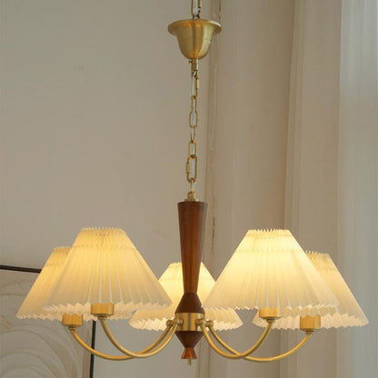 Traditional Japanese Scalloped Pleated Branching Cylinder PVC Walnut Brass 3/5 Light Chandelier For Living Room
