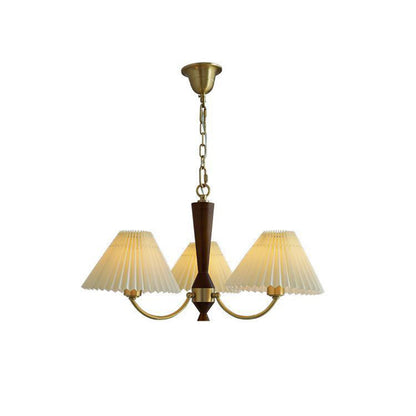 Traditional Japanese Scalloped Pleated Branching Cylinder PVC Walnut Brass 3/5 Light Chandelier For Living Room
