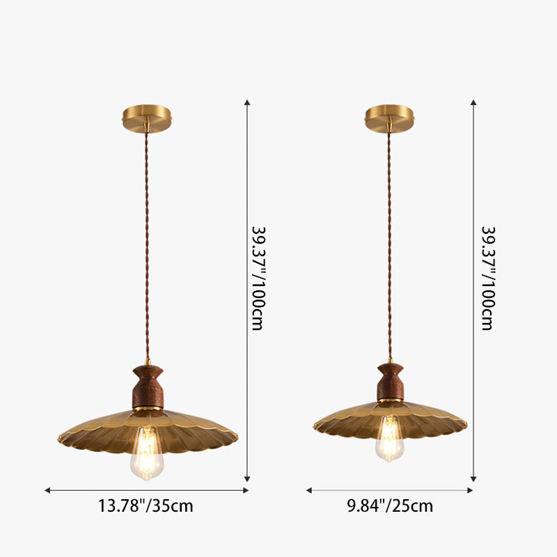 Traditional Vintage Round Umbrella Distressed Walnut Brass 1-Light Pendant Light For Living Room