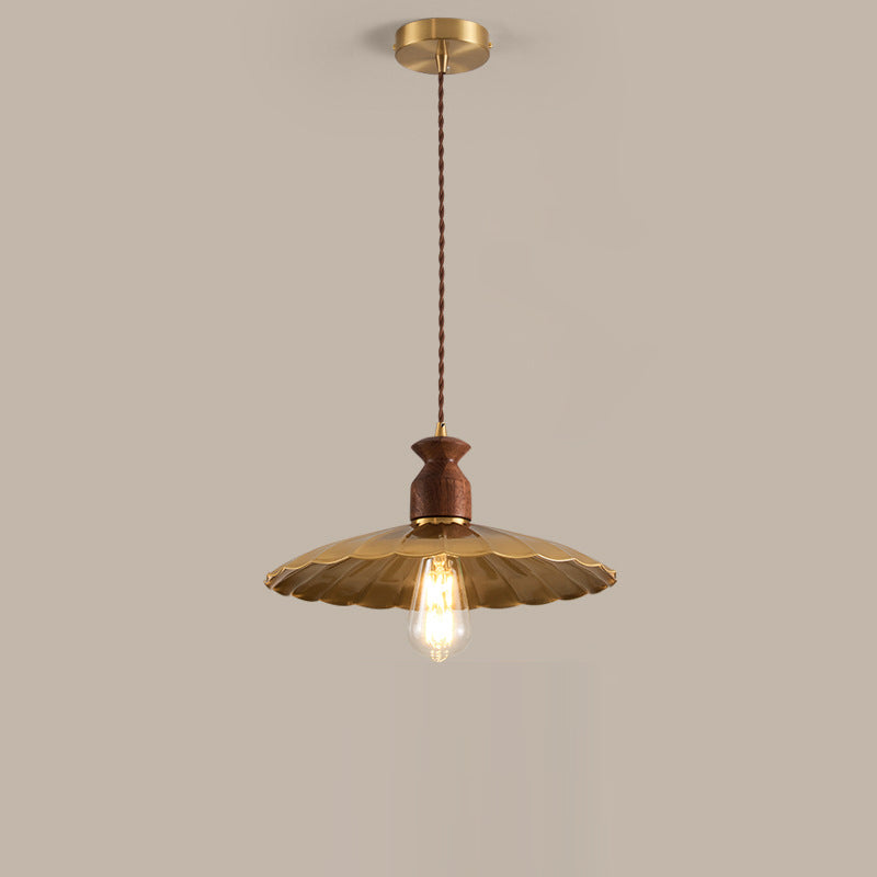 Traditional Vintage Round Umbrella Distressed Walnut Brass 1-Light Pendant Light For Living Room