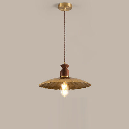 Traditional Vintage Round Umbrella Distressed Walnut Brass 1-Light Pendant Light For Living Room