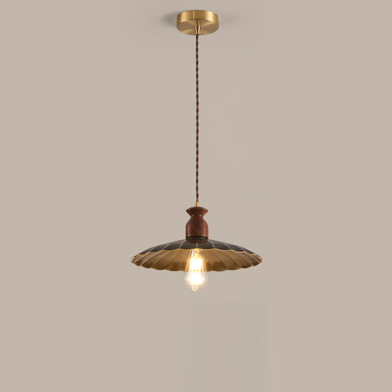 Traditional Vintage Round Umbrella Distressed Walnut Brass 1-Light Pendant Light For Living Room