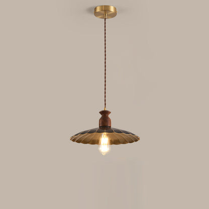 Traditional Vintage Round Umbrella Distressed Walnut Brass 1-Light Pendant Light For Living Room