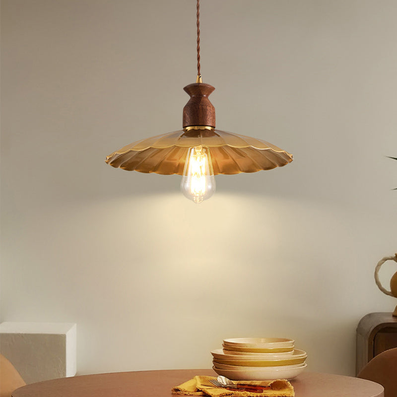 Traditional Vintage Round Umbrella Distressed Walnut Brass 1-Light Pendant Light For Living Room