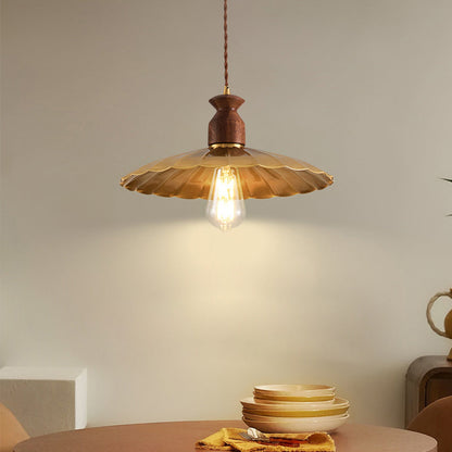 Traditional Vintage Round Umbrella Distressed Walnut Brass 1-Light Pendant Light For Living Room