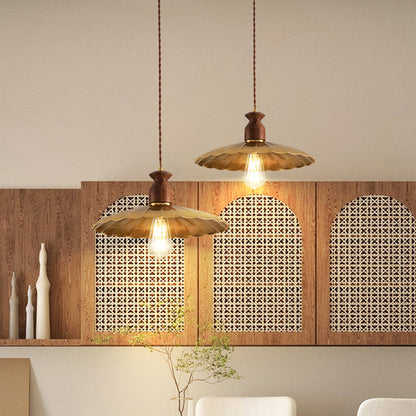 Traditional Vintage Round Umbrella Distressed Walnut Brass 1-Light Pendant Light For Living Room