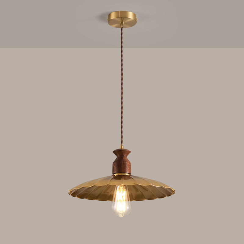 Traditional Vintage Round Umbrella Distressed Walnut Brass 1-Light Pendant Light For Living Room
