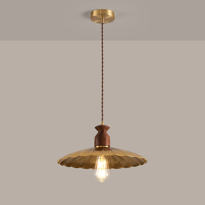 Traditional Vintage Round Umbrella Distressed Walnut Brass 1-Light Pendant Light For Living Room