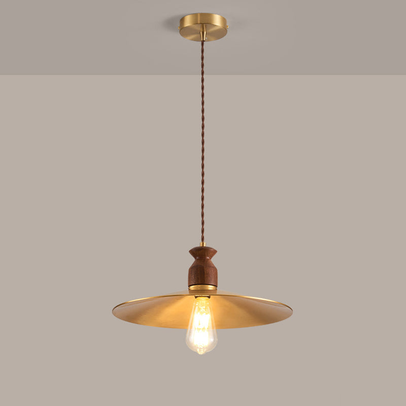 Traditional Vintage Round Umbrella Distressed Walnut Brass 1-Light Pendant Light For Living Room