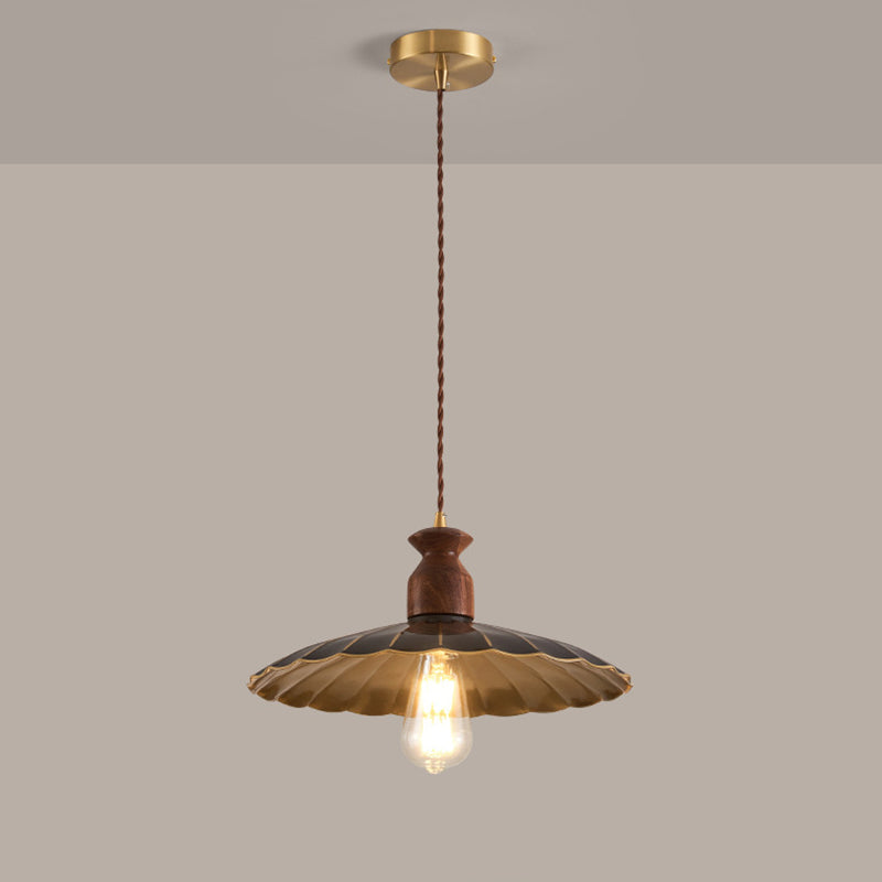 Traditional Vintage Round Umbrella Distressed Walnut Brass 1-Light Pendant Light For Living Room
