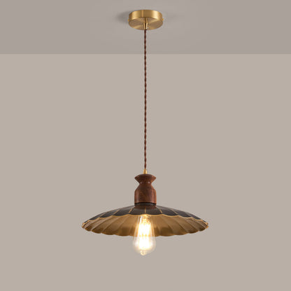 Traditional Vintage Round Umbrella Distressed Walnut Brass 1-Light Pendant Light For Living Room