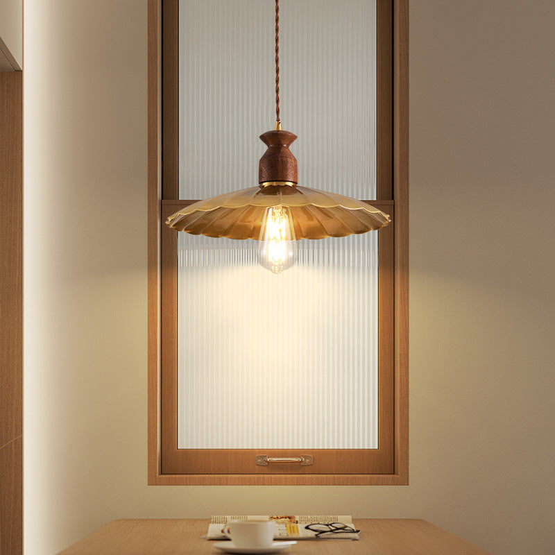Traditional Vintage Round Umbrella Distressed Walnut Brass 1-Light Pendant Light For Living Room