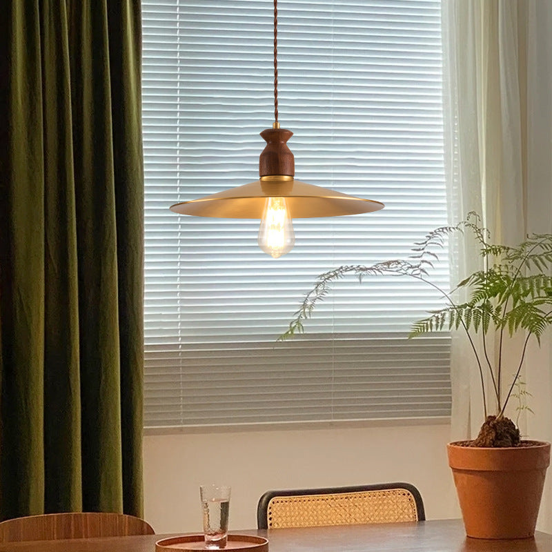 Traditional Vintage Round Umbrella Distressed Walnut Brass 1-Light Pendant Light For Living Room
