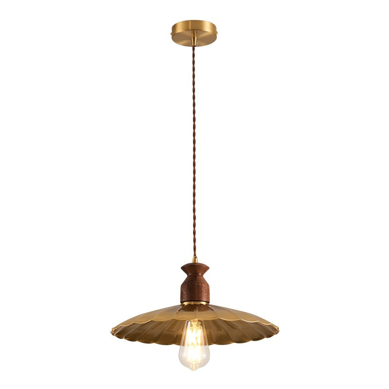 Traditional Vintage Round Umbrella Distressed Walnut Brass 1-Light Pendant Light For Living Room