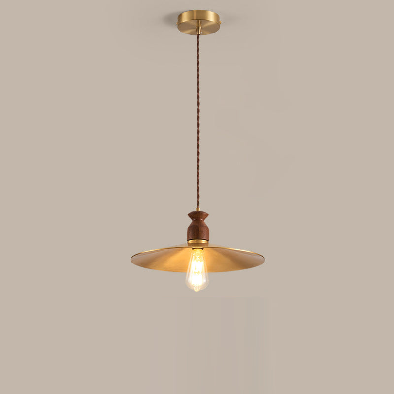 Traditional Vintage Round Umbrella Distressed Walnut Brass 1-Light Pendant Light For Living Room